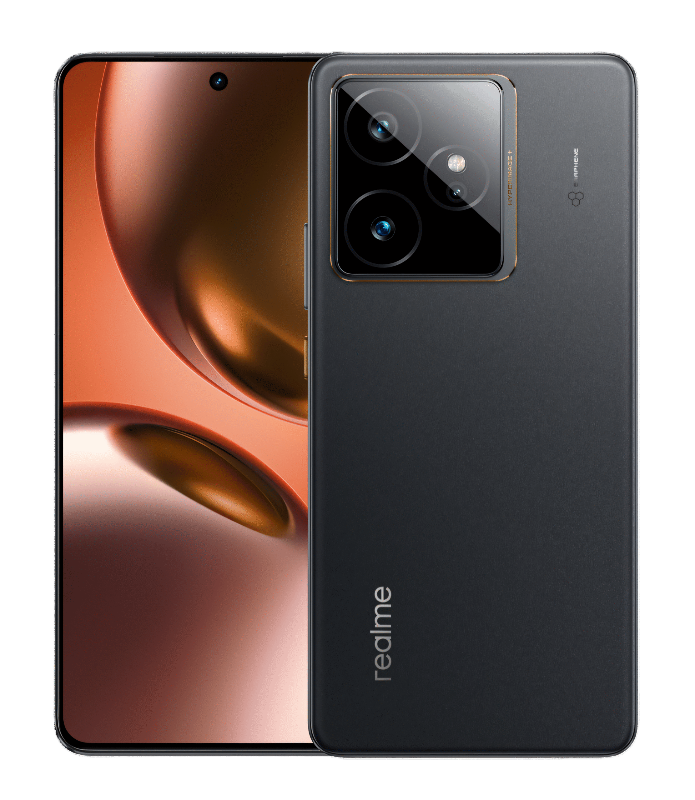 Realme GT 7 in IceSense Black Color featuring curved AMOLED display, dual rear cameras, and sleek glass body – premium flagship 5G smartphone with luxury design