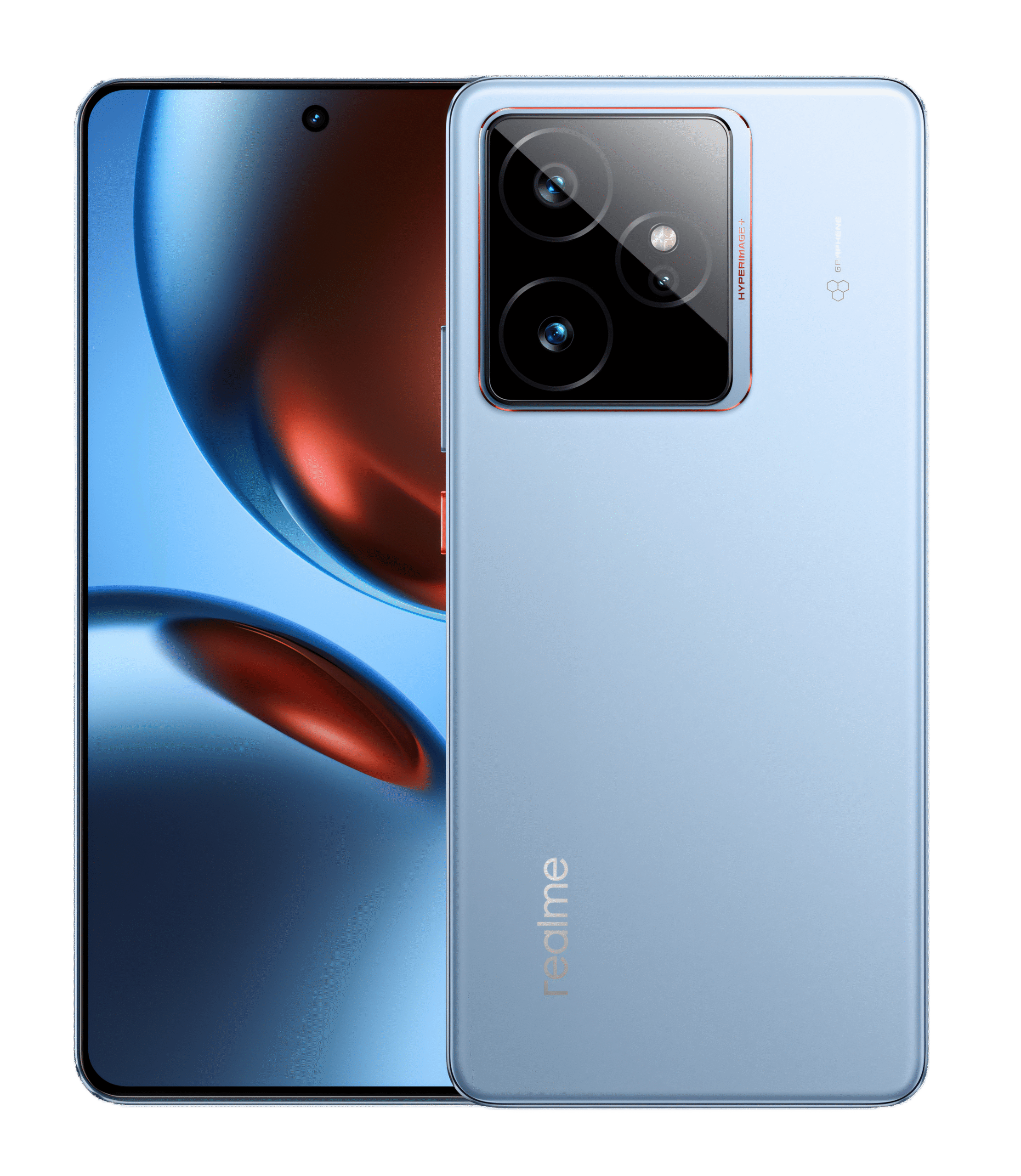 Realme GT 7 in IceSense Blue color featuring curved AMOLED display, dual rear cameras, and sleek glass body – premium flagship 5G smartphone with luxury design