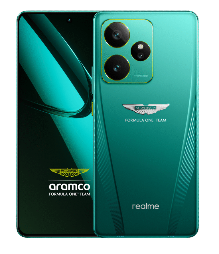 Realme GT 7 in Aston Martin Green color featuring curved AMOLED display, dual rear cameras, and sleek glass body – premium flagship 5G smartphone with luxury design